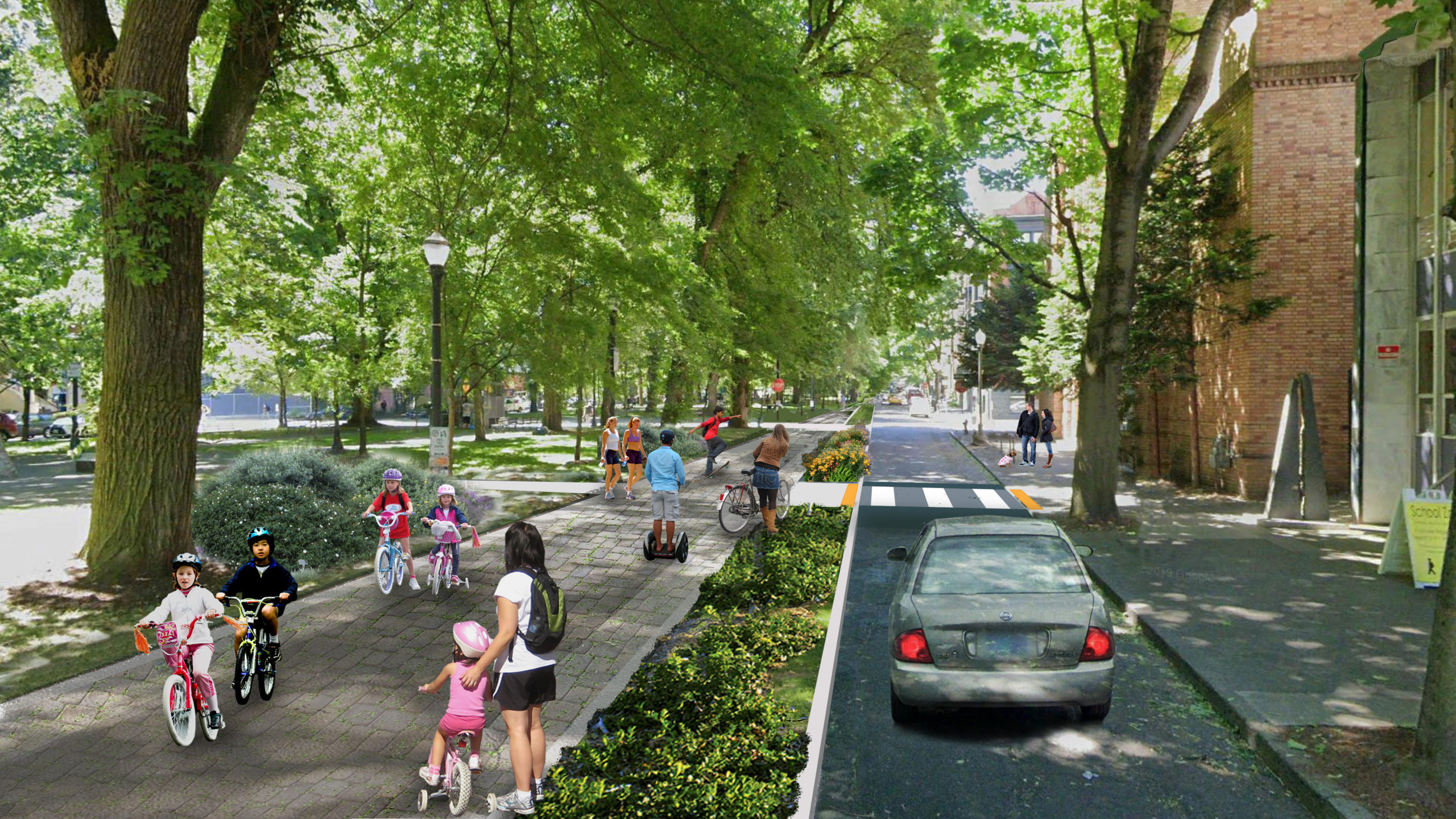 Rendering of the South Park Blocks with the proposed alignment of the Green Loop looking South.